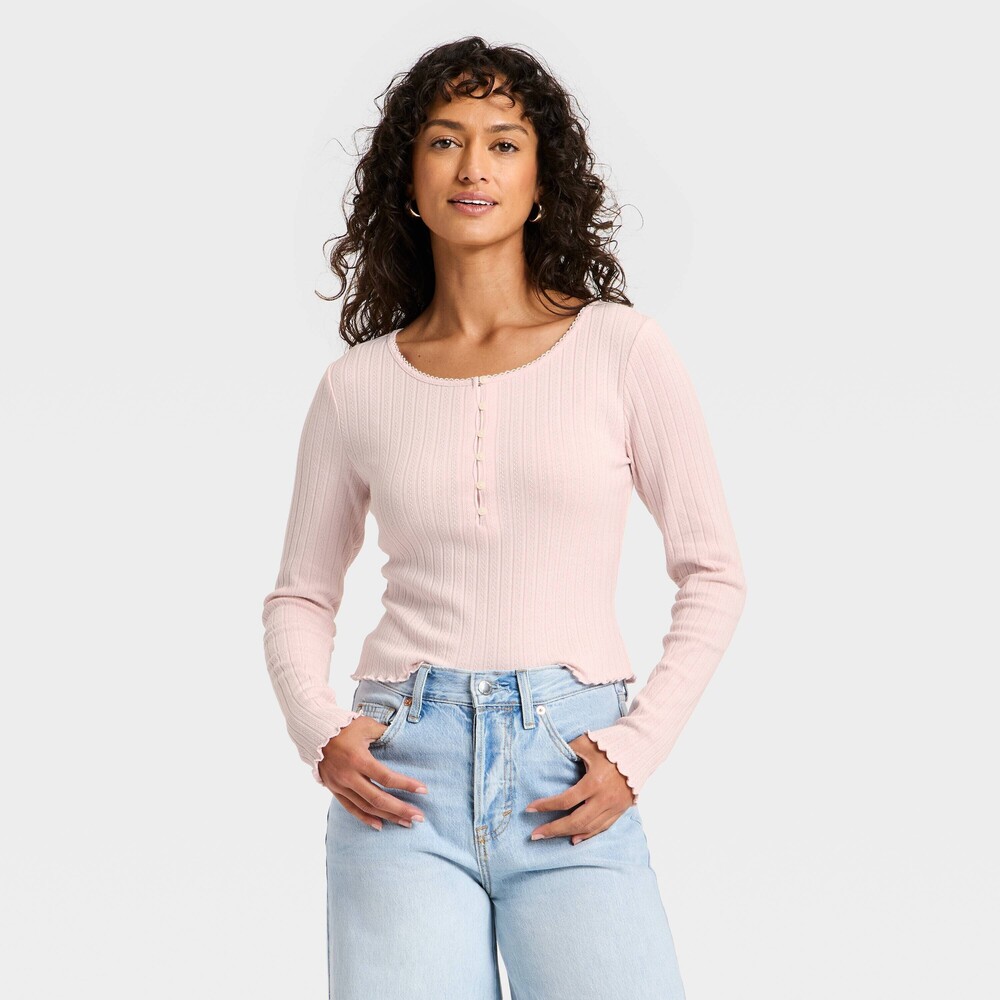 Women's Long Sleeve Pointelle Henley Shirt - Universal Thread™ Pink XS